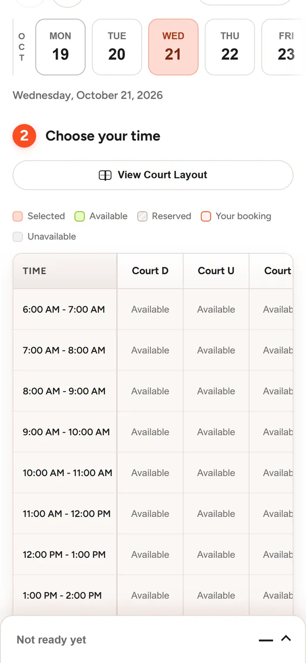 The booking page on a phone, with the date strip, the court grid, and the booking bar at the bottom