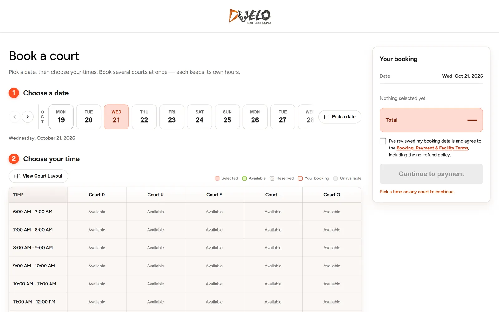 The booking page with a date picked, the court-by-hour grid open, and the booking summary beside it