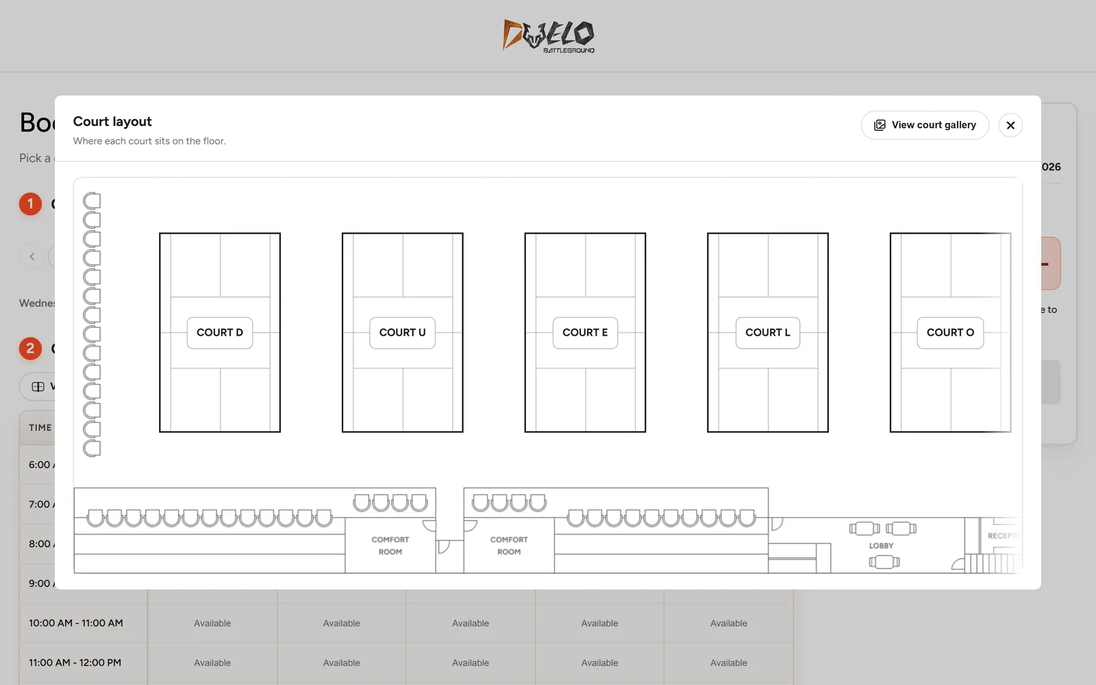 Court layout dialog: a floor plan with courts D, U, E, L, and O, the comfort rooms, and the lobby