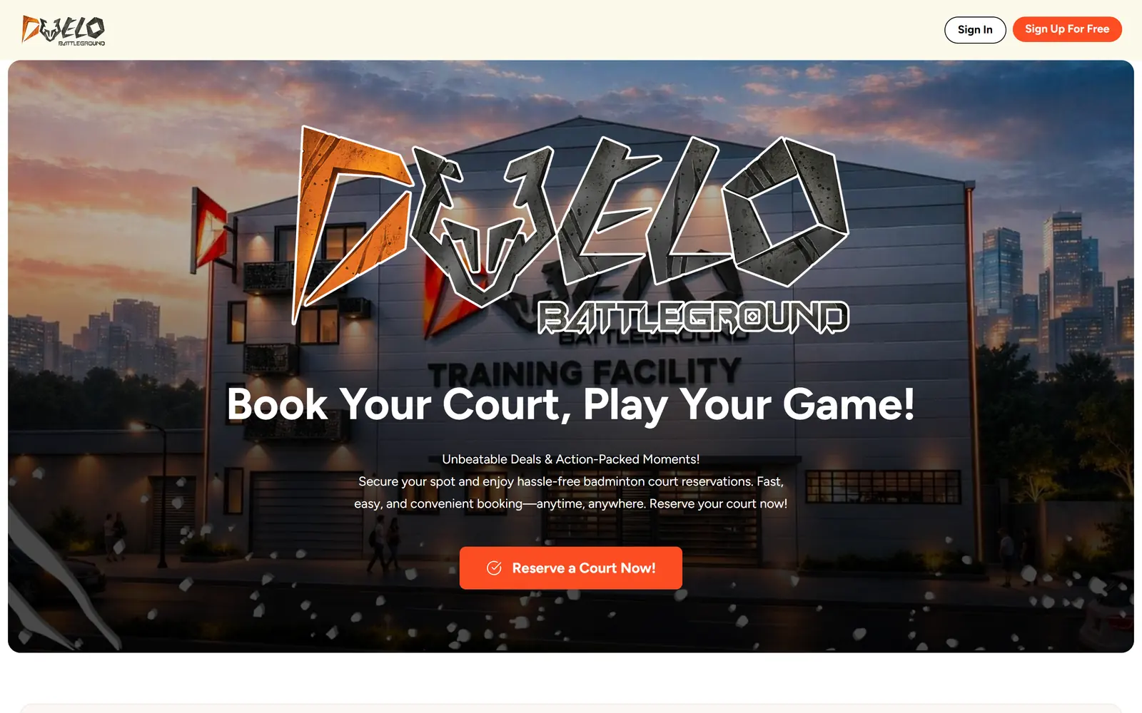 Duelo Battleground home page: “Book Your Court, Play Your Game!” over a photo of the training facility